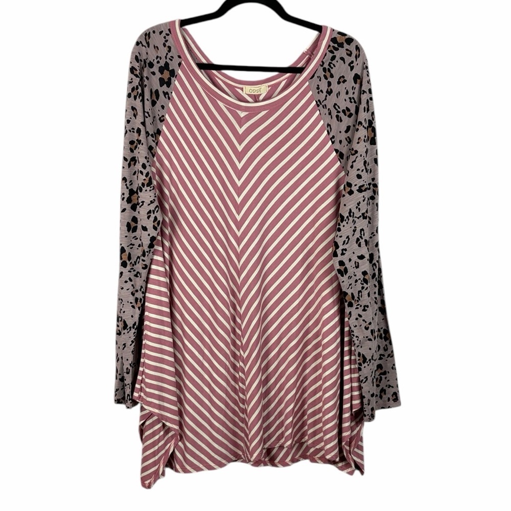 Oddy Casual Striped Leopard Print Long Sleeve Asymmetrical Tunic Top 3X Pink